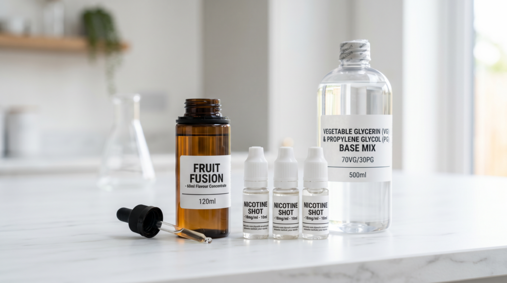 Auf einer hellen Theke stehen ein Fruit Fusion Longfill Aroma, drei Nikotin-Shots und eine 500ml Liquid-Base. Wenn das Liquid falsch gemischt wird, passiert es schnell: Die E-Zigarette läuft aus.