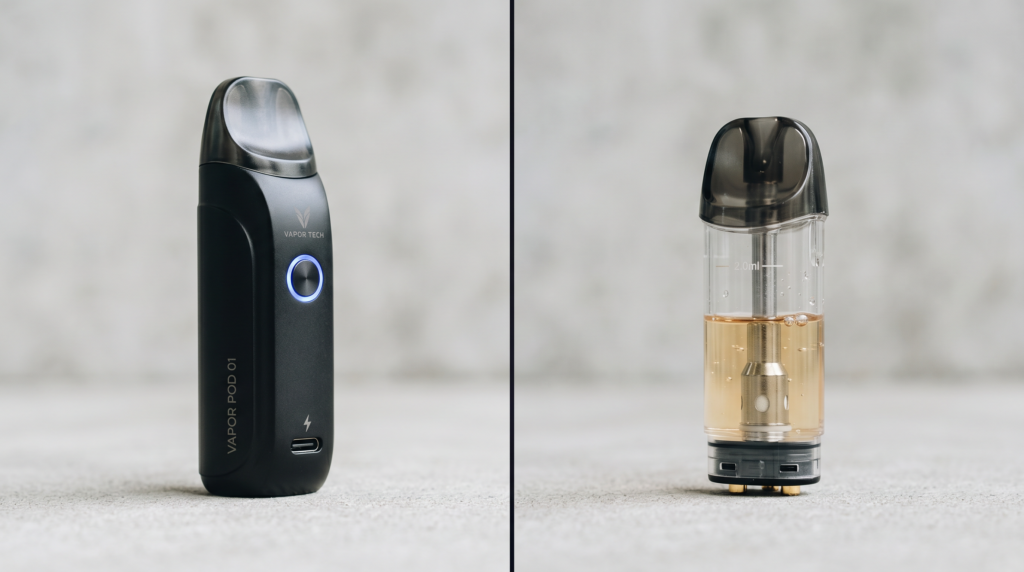 Ein schwarzes Vapor Tech Basisgerät neben einem transparenten Liquid-Pod. Moderne Prefilled Pod Systeme sind die beste Alternative zur Einweg-Vape.