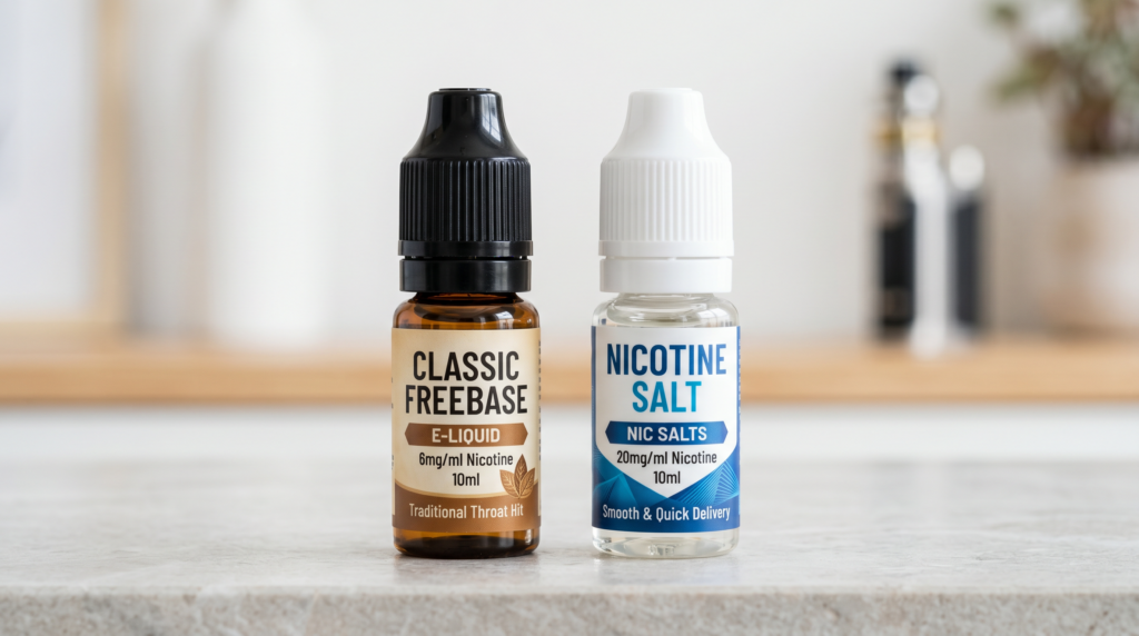 Zwei 10ml Flaschen auf einer hellen Theke im Vergleich: Links ein klassisches Freebase E-Liquid und rechts ein sanftes Nikotinsalz Liquid.